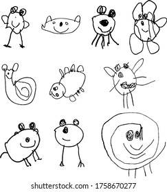 set of characters chick, cat, spider, bee, snail, beetle, piglet, lamb drawn by a small child