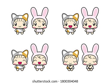 set of characters, children in cat and rabbit costumes with different facial expressions