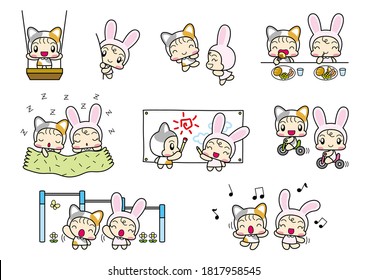 set of characters, children in cat and rabbit costumes are playing together