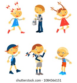 Set of characters. Characters are children. Vector characters with different movements. Pleased people. Vector illustration. Flat style. Suitable for animation.
