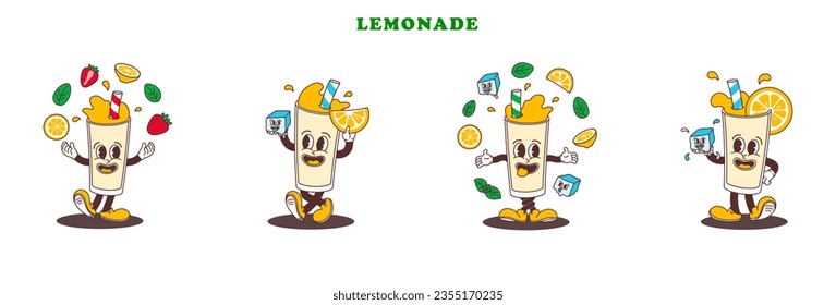 Set of characters classic and strawberry Lemonade with mint leaves and ice cubes in comic cartoon style on transparent background. Isolated vector illustration hand drawing of funny mascot