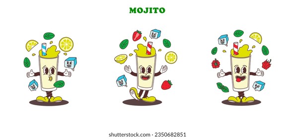 Conjunto de personajes clásicos y fresa, frambuesa Mojito con hojas de menta y cubos de hielo en estilo cómico de dibujos animados sobre fondo transparente. Dibujo gráfico vectorial aislado a mano de mascota divertida