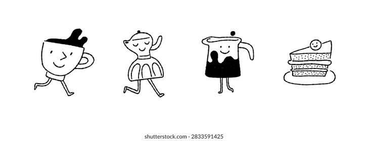 Set characters coffee objects, cup, pot, cake character. Coffee doodle line illustration or icon. Coffeeshop, coffee store, cafe, menu, print, sticker, poster. Modern minimalist naive funny vector.