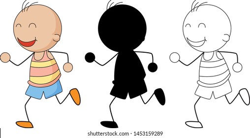 A set of characters in color, silhouette and outline illustration