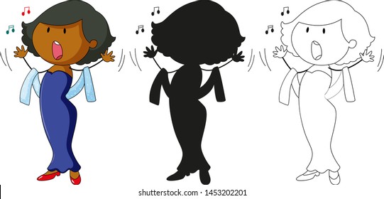 A set of characters in color, silhouette and outline illustration