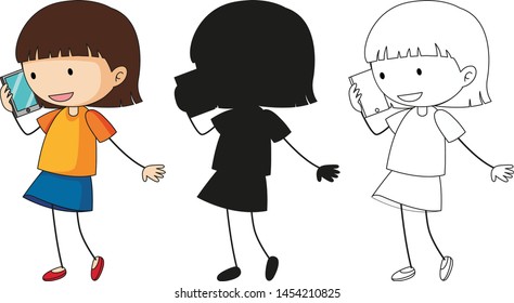 A set of characters in color, silhouette and outline illustration