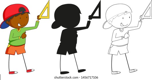 A set of characters in color, silhouette and outline illustration