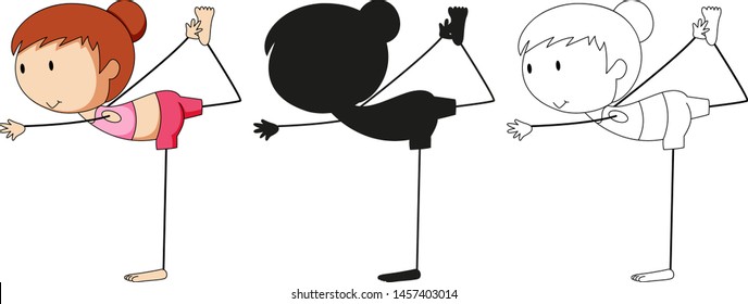 A set of characters in color, silhouette and outline illustration