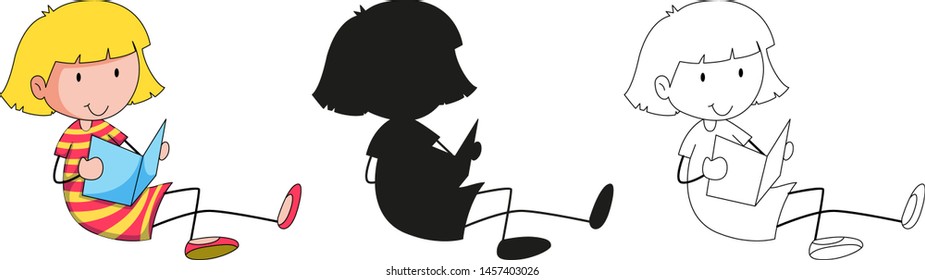 A set of characters in color, silhouette and outline illustration