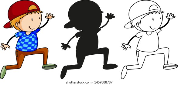 A set of characters in color, silhouette and outline illustration