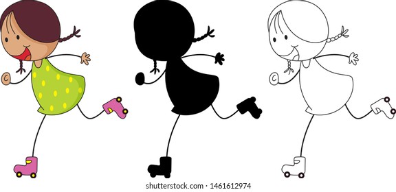 A set of characters in color, silhouette and outline illustration