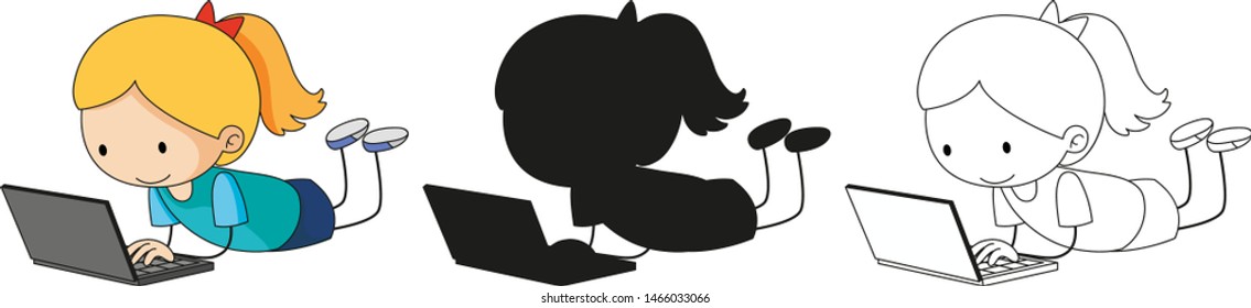 A set of characters in color, silhouette and outline illustration