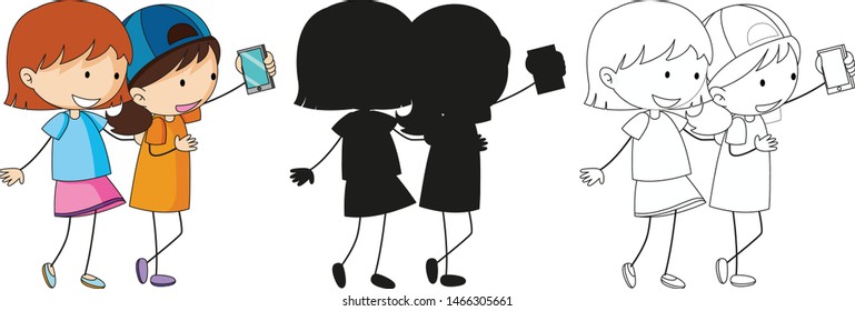 A set of characters in color, silhouette and outline illustration