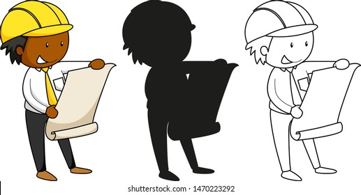 A set of characters in color, silhouette and outline illustration