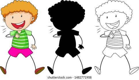 A set of characters in color, silhouette and outline illustration