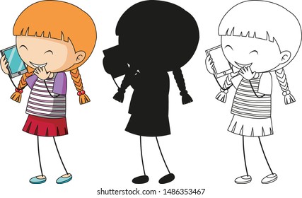 A set of characters in color, silhouette and outline illustration