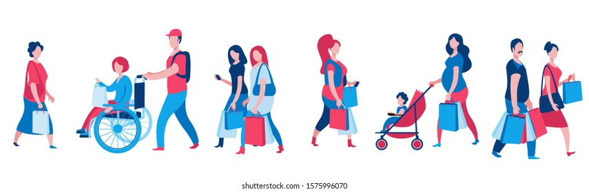 Set of characters coming with packages from stores. People shopping at the Mall.
