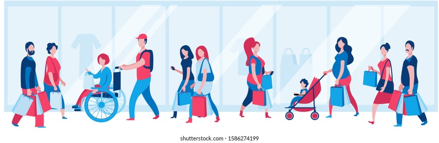 Set of characters coming with packages from stores. People shopping at the Mall. Vector illustration in blue and red colors on the theme of shopping and sales.