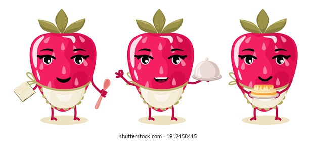 A Set Of Characters Cooked Strawberry Berry, Prepare A Cake According To The Recipe. Animated Cartoon Character.