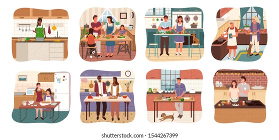Set of characters cooking meal at home. Man and woman with children preparing food for dinner. Lady at stove alone. Grandmother with granddaughter making dishes for holiday. Vector in flat style