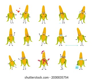 Set of characters corn with emotions, face, hands and legs. Smile or sad yellow vegetables with eyes, heroes fall in love, keep their distance in a mask, dance in a Santa hat