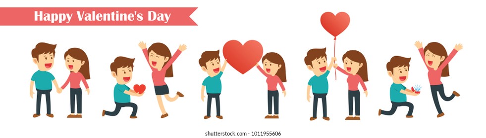 Set of characters couples happy valentines day isolated on white background.