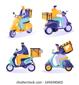 Set of characters couriers riding scooters. Fast delivery service concept. Flat cartoon characters delivery men ride with orders in special backpacks. Delivery of food, household items and products.