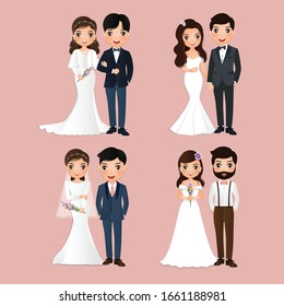 Set of characters cute bride and groom.Wedding invitations card.Vector illustration in couple cartoon in love