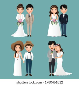 Set of characters cute bride and groom.Wedding invitations card.Vector illustration in couple cartoon in love