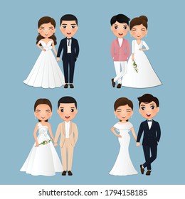 Set of characters cute bride and groom.Wedding invitations card.Vector illustration in couple cartoon in love