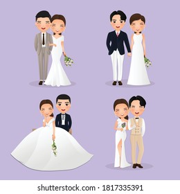 Set of characters cute bride and groom.Wedding invitations card.Vector illustration in couple cartoon in love