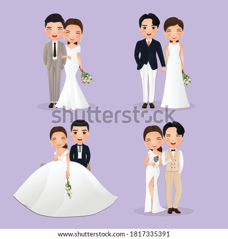 Set of characters cute bride and groom.Wedding invitations card.Vector illustration in couple cartoon in love