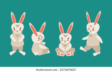 Set of characters, cute cartoon hares, Easter bunnies in different poses standing, sitting, in motion - vector illustration for design of postcards, banners, books, packaging, toys