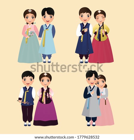 Set of characters Cute couple in traditional hanbok dress bride and groom.Wedding invitations card.