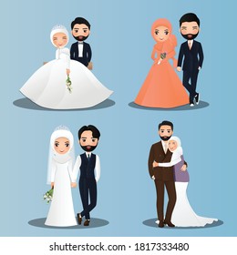 Set of characters cute muslim bride and groom.Wedding invitations card.Vector illustration in couple cartoon in love