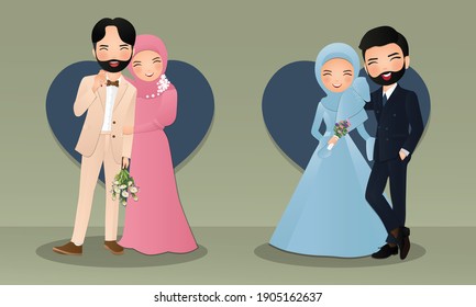 Set of characters cute muslim bride and groom.Wedding invitations card.Vector illustration in couple cartoon in love