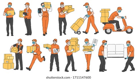Set of characters of delivery men and couriers in protective masks to prevent infection during epidemic, sketch vector illustration isolated on white background.
