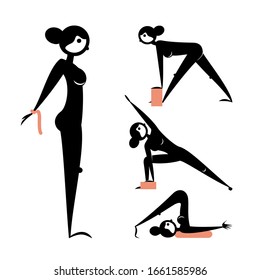 
set of characters demonstrating yoga poses cute silhouetted hero girl in different asanas. exercises for healing the body and spirit isolated vector illustration