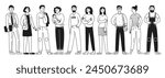 Set of characters depicting many different businessmen or office workers, multicultural concept. Person, full length. Black and white doodle style