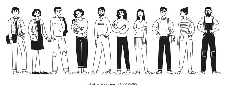 Set of characters depicting many different businessmen or office workers, multicultural concept. Person, full length. Black and white doodle style