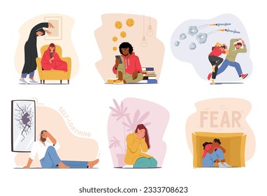 Set of Characters with Different Fears. People Afraid of War, Introvert Sitting in Box, Man with Self-Loathing, Woman Suffer of Online Bullying, Crying Girl Sit on Floor. Cartoon Vector Illustration