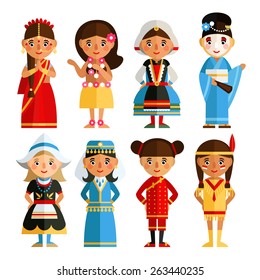 A set of characters in different national costumes in flat style. Cartoon girl in various costumes. 