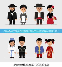 Set characters of different nationalities in national costumes.