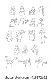 set the characters in different poses and emotions, outline