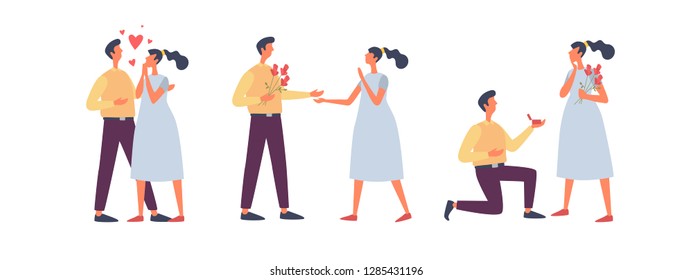 A set of characters in different poses for Valentine's Day. Happy couple in love. A young man gives a wedding ring and flowers to his girlfriend. Vector flat illustration.