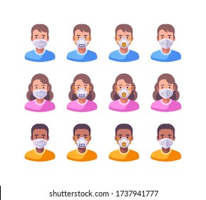 Set of characters in different types of face masks. Medical protection flat illustration. Virus prevention icons