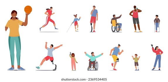 Set of Characters with Disabilities Possess Strengths And Abilities, Facing Challenges With Resilience. Amputee People with Prostheses or Wheelchairs Embracing Inclusion. Cartoon Vector Illustration svg