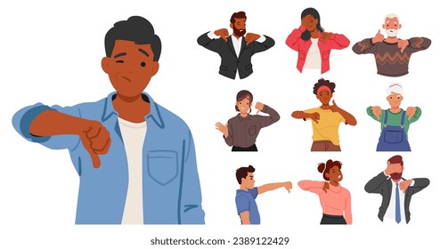 Set of Characters Display Dislike Through Scowl, Eye Rolls, Thumbs-down Gestures. Their Body Language And Facial Expressions Convey Their Disapproval Or Displeasure. Cartoon People Vector Illustration