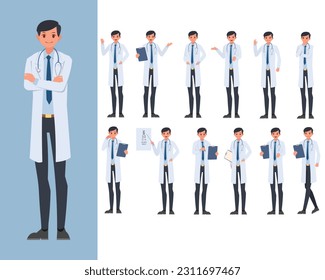 set of characters doctor man in different poses.