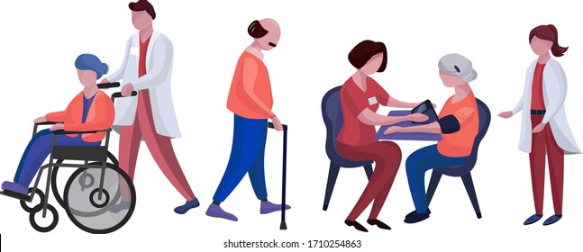 Set of characters of doctors. Medical team concept in illustration vector design. Doctor taking care of patient's health. Older people, people with disabilities